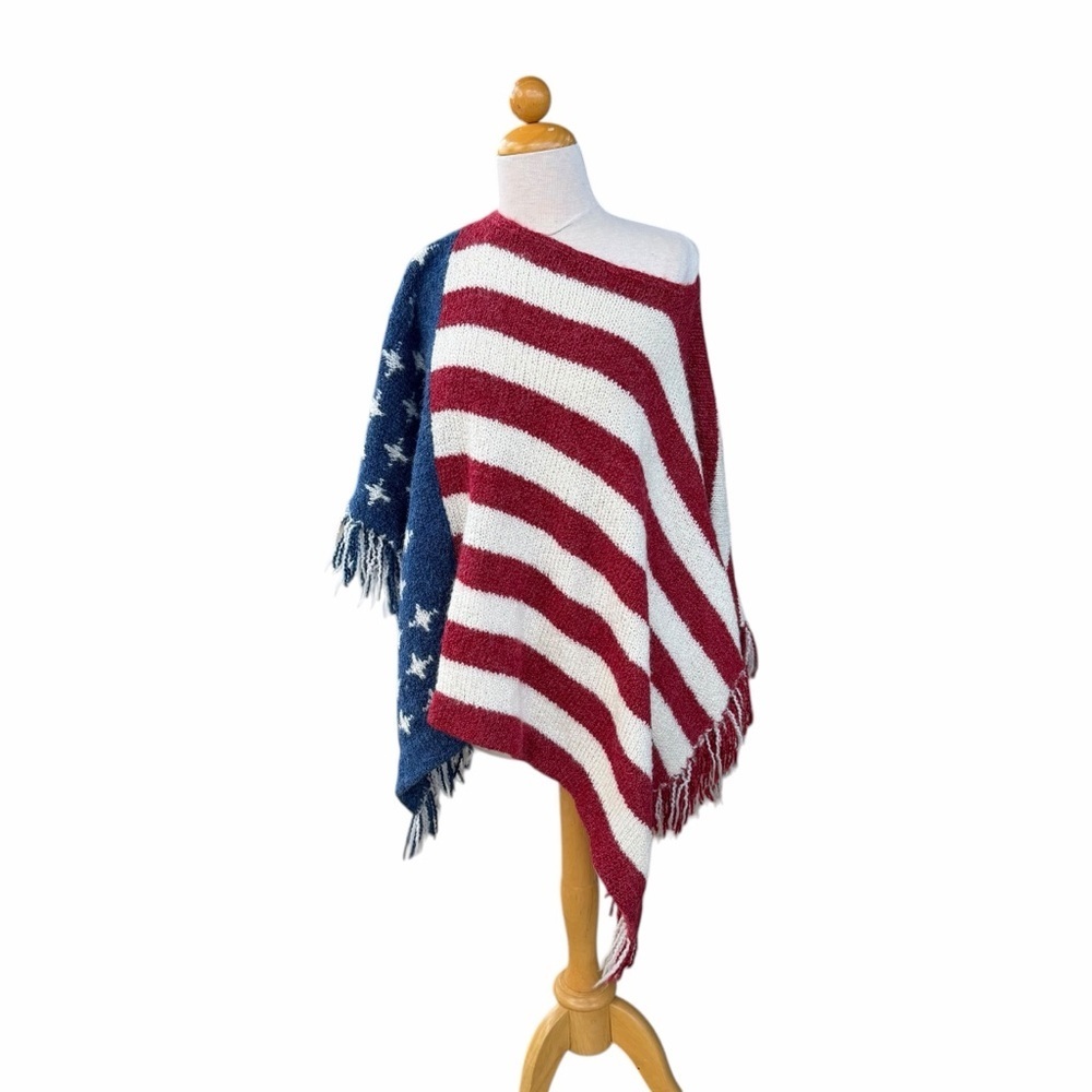 Perika Knit American Flag Poncho Shawl Peruvian Trading Co Boho Patriotic OSFM
